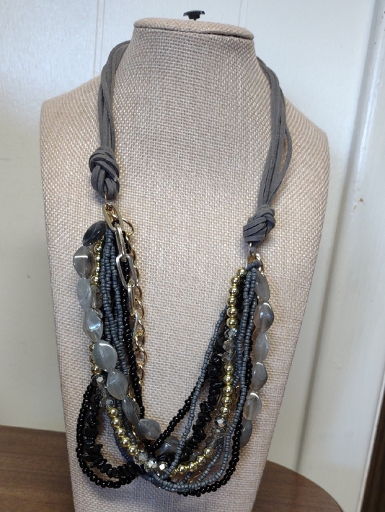 Jewelry - Multi-Strand Gray and Gold Tone Mixed Media Statement Necklace